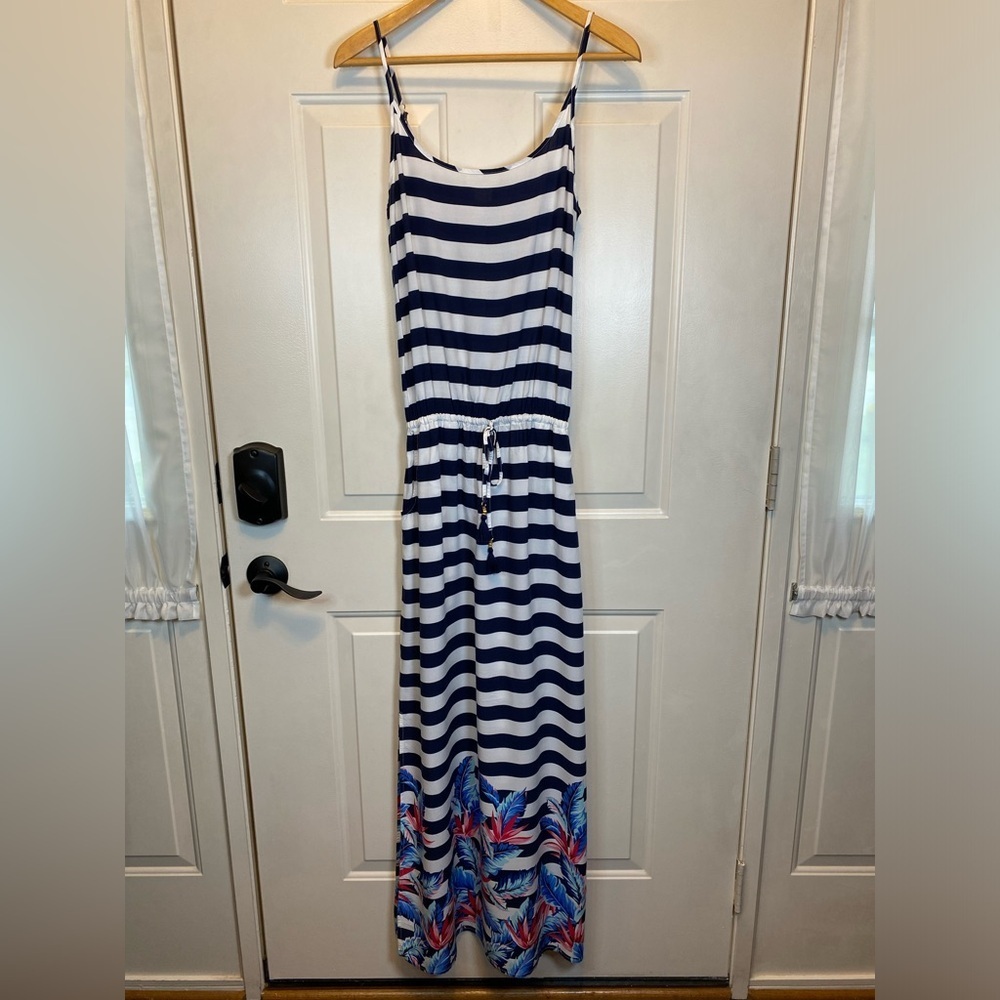 Tommy Bahama Side Slit Striped Floral Tassel Maxi Sleeveless Dress Sz M